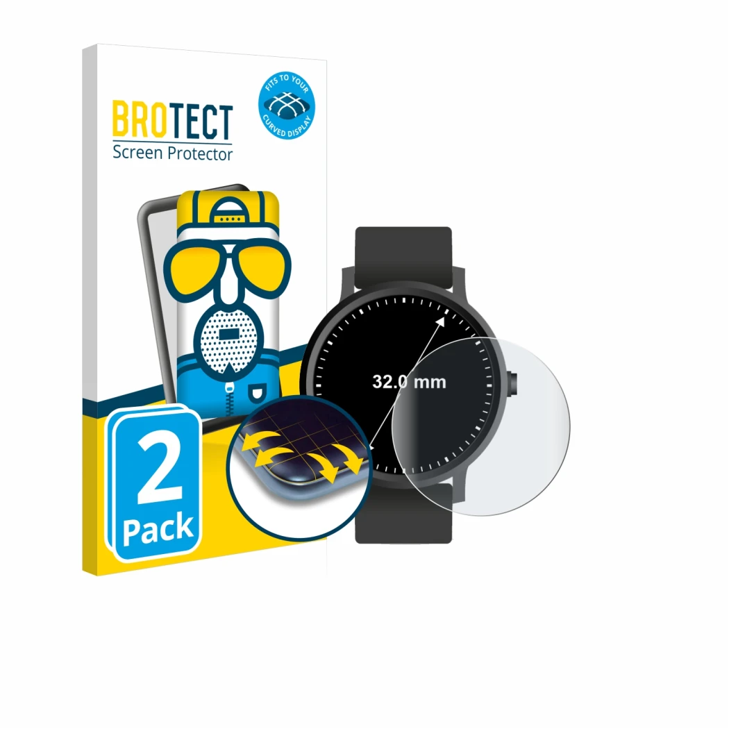 Face avant d’un emballage produit avec le logo de la marque BROTECT. À côté, l’appareil Montres (Circulaire, ø: 32 mm) est rep