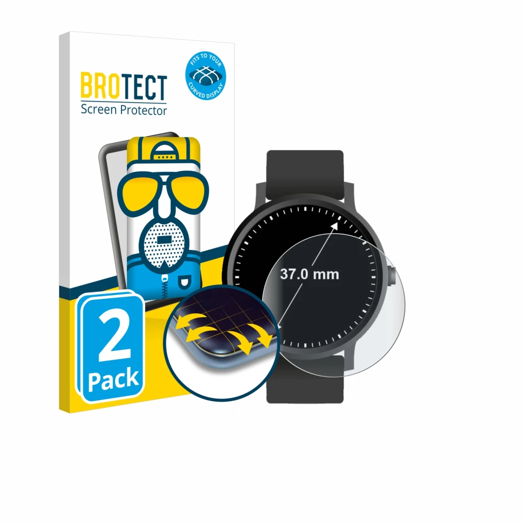 Face avant d’un emballage produit avec le logo de la marque BROTECT. À côté, l’appareil Montres (Circulaire, ø: 37 mm) est rep