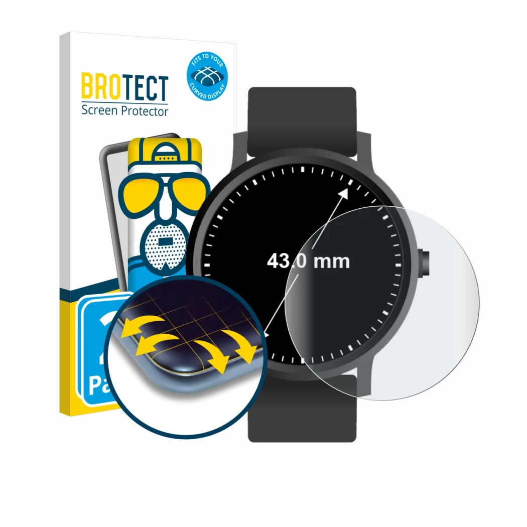 Face avant d’un emballage produit avec le logo de la marque BROTECT. À côté, l’appareil Montres (Circulaire, ø: 43 mm) est rep