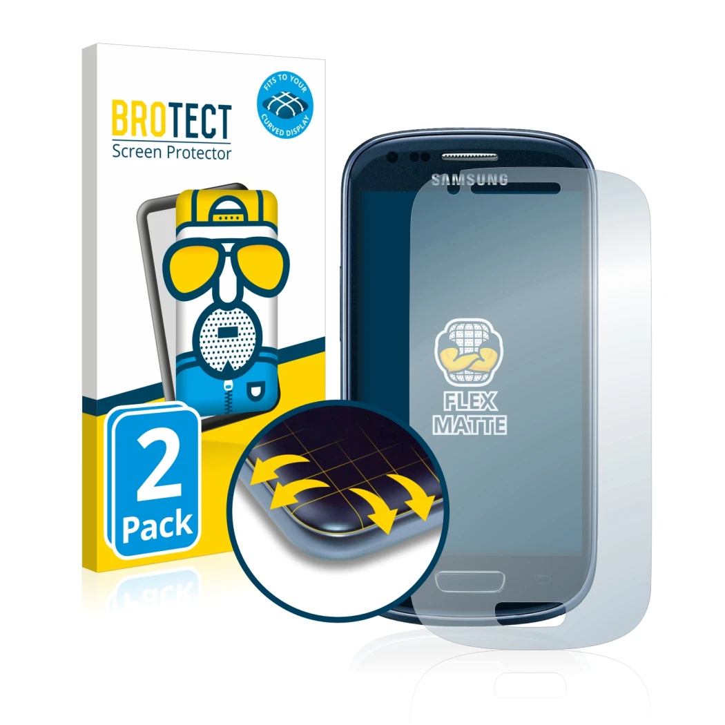 Face avant d’un emballage produit avec le logo de la marque BROTECT. À côté, l’appareil Samsung Galaxy S3 Mini I8190 est repré