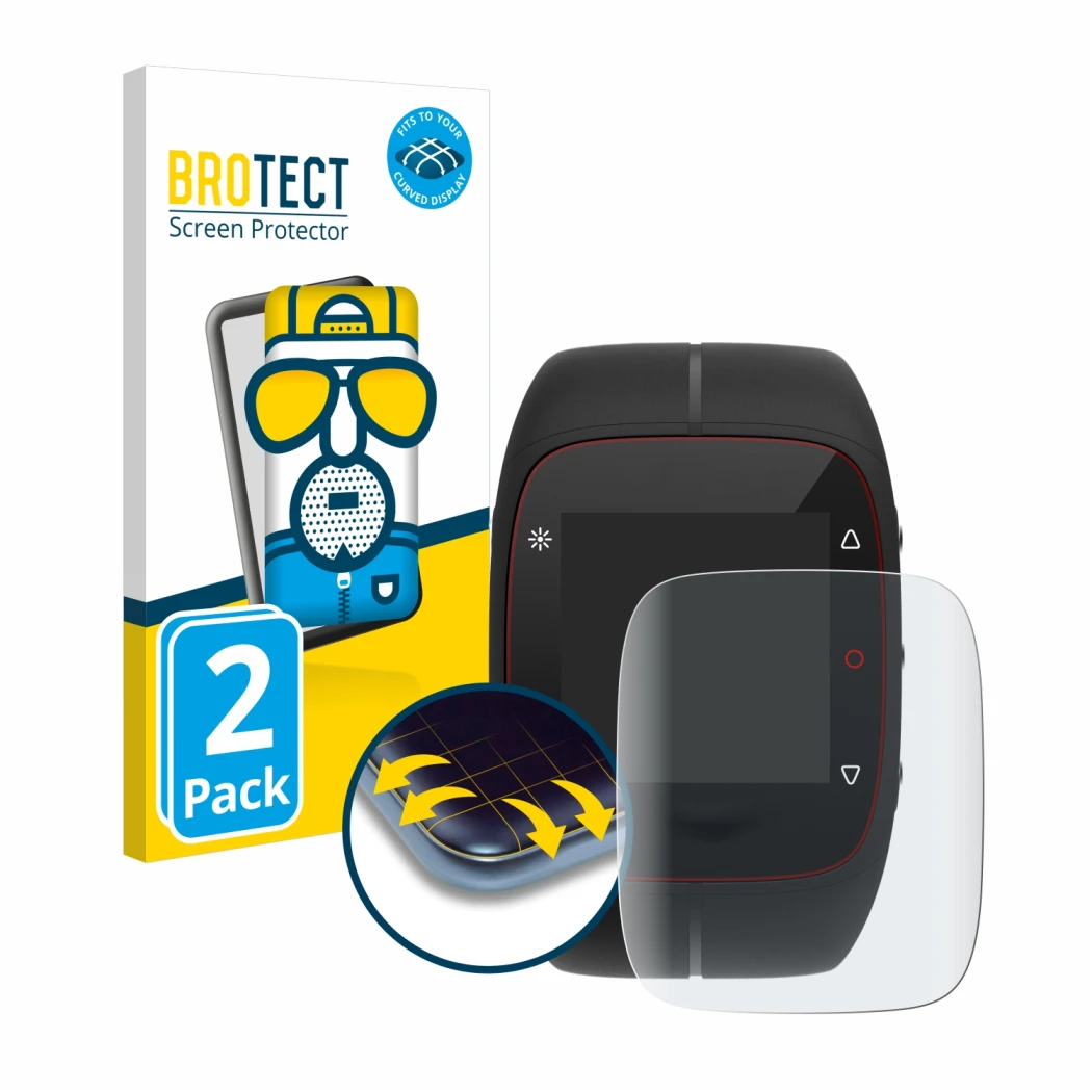 Face avant d’un emballage produit avec le logo de la marque BROTECT. À côté, l’appareil Polar M400 est représenté avec la prot