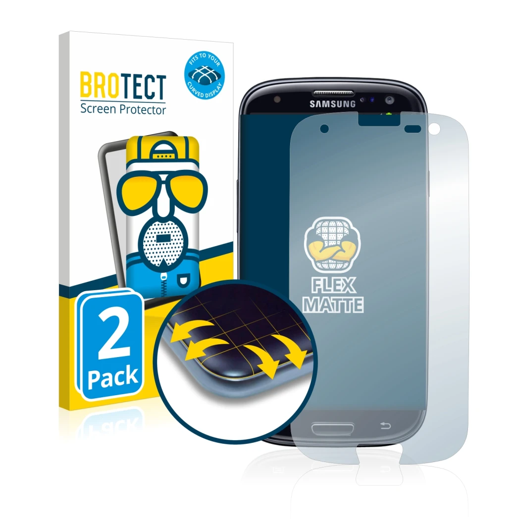 Face avant d’un emballage produit avec le logo de la marque BROTECT. À côté, l’appareil Samsung Galaxy S3 Neo I9300I est repré