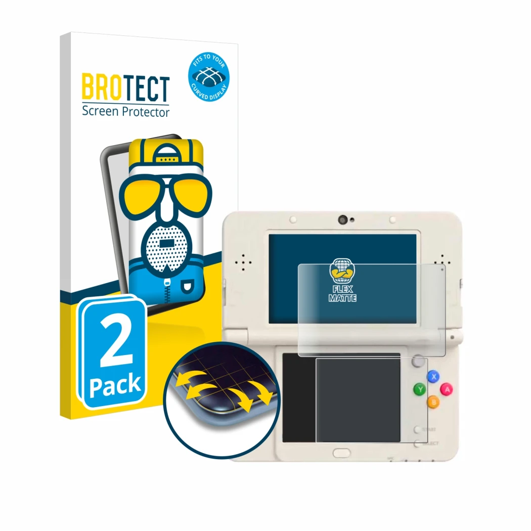 Face avant d’un emballage produit avec le logo de la marque BROTECT. À côté, l’appareil Nintendo New 3DS est représenté avec l