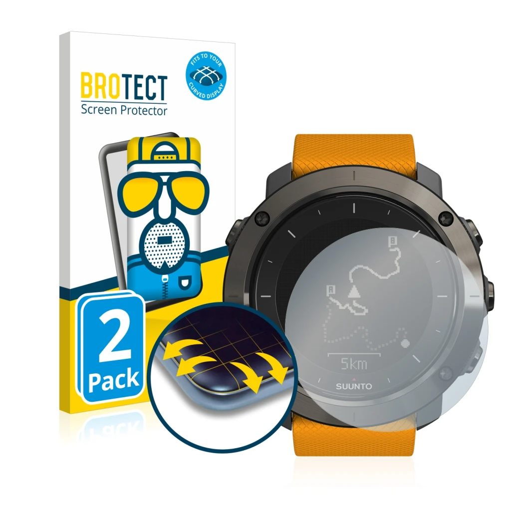Face avant d’un emballage produit avec le logo de la marque BROTECT. À côté, l’appareil Suunto Traverse est représenté avec la