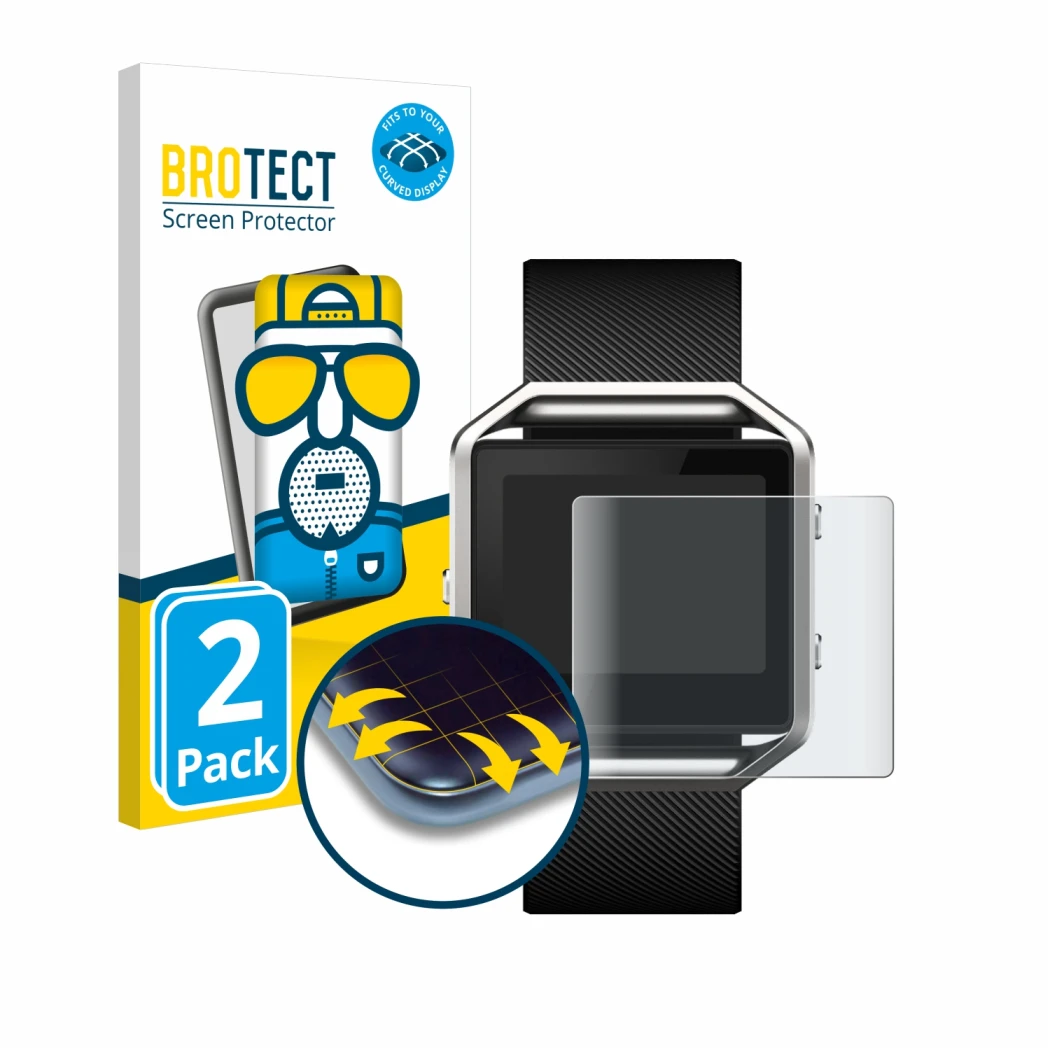 Face avant d’un emballage produit avec le logo de la marque BROTECT. À côté, l’appareil Fitbit Blaze est représenté avec la pr