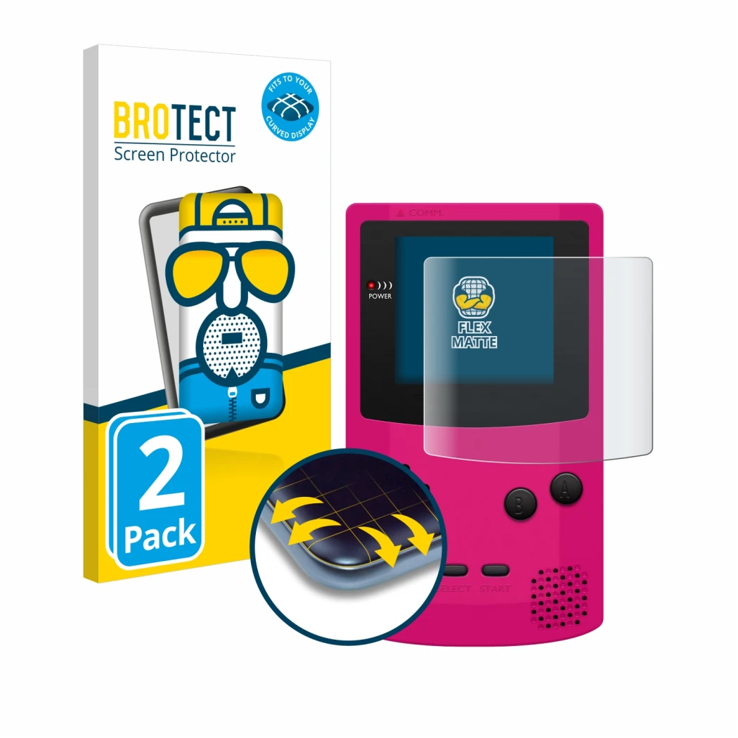 Face avant d’un emballage produit avec le logo de la marque BROTECT. À côté, l’appareil Nintendo Gameboy Color est représenté 