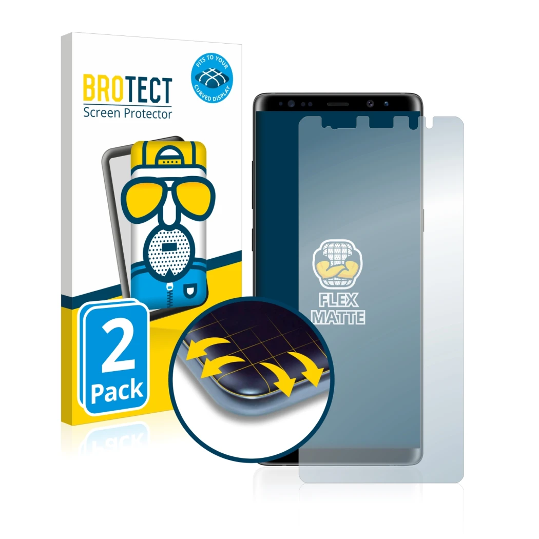 Face avant d’un emballage produit avec le logo de la marque BROTECT. À côté, l’appareil Samsung Galaxy Note 8 est représenté a