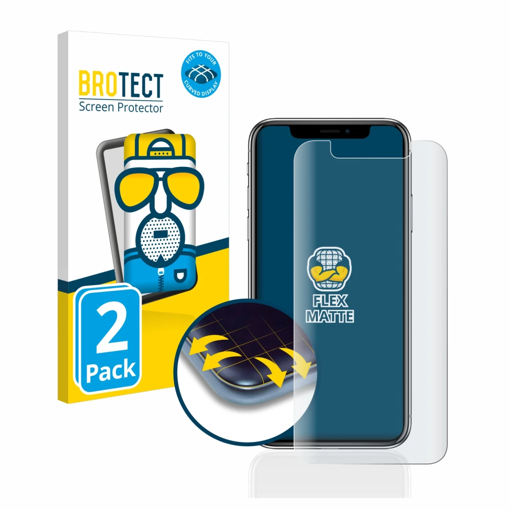 Face avant d’un emballage produit avec le logo de la marque BROTECT. À côté, l’appareil Apple iPhone X est représenté avec la