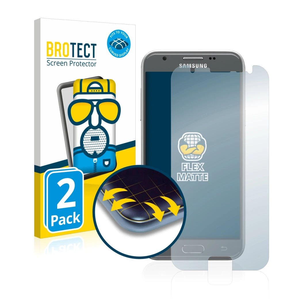Face avant d’un emballage produit avec le logo de la marque BROTECT. À côté, l’appareil Samsung Galaxy J3 2017 est représenté 