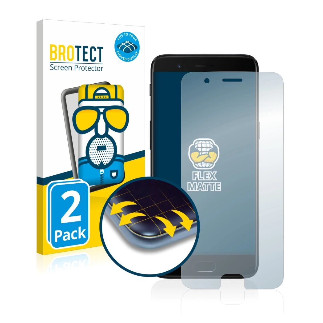 Face avant d’un emballage produit avec le logo de la marque BROTECT. À côté, l’appareil OnePlus 5 est représenté avec la prote