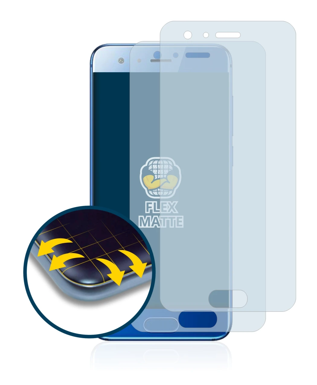 Image de l'appareil Honor 9 avec une grande variété de protections d'écran.