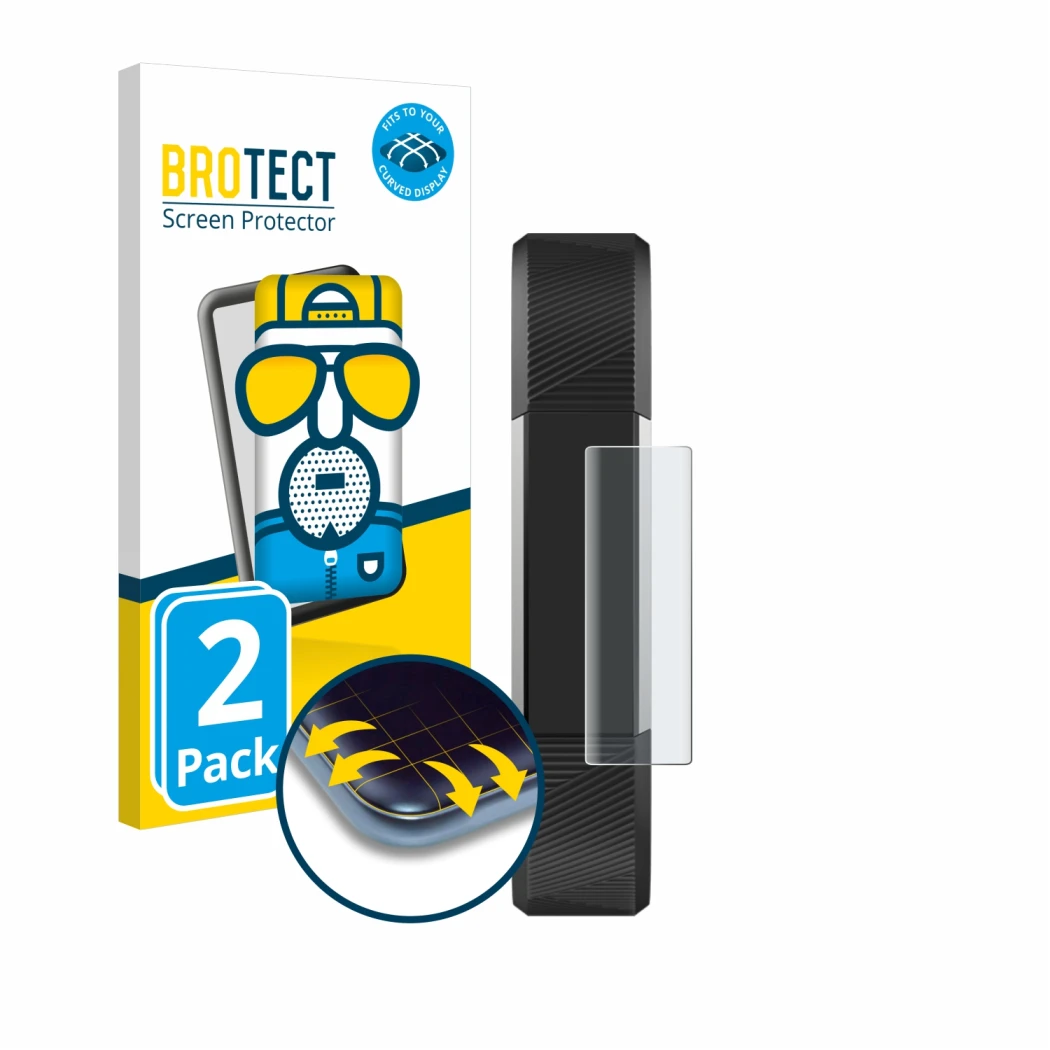 Face avant d’un emballage produit avec le logo de la marque BROTECT. À côté, l’appareil Fitbit Alta HR est représenté avec la 