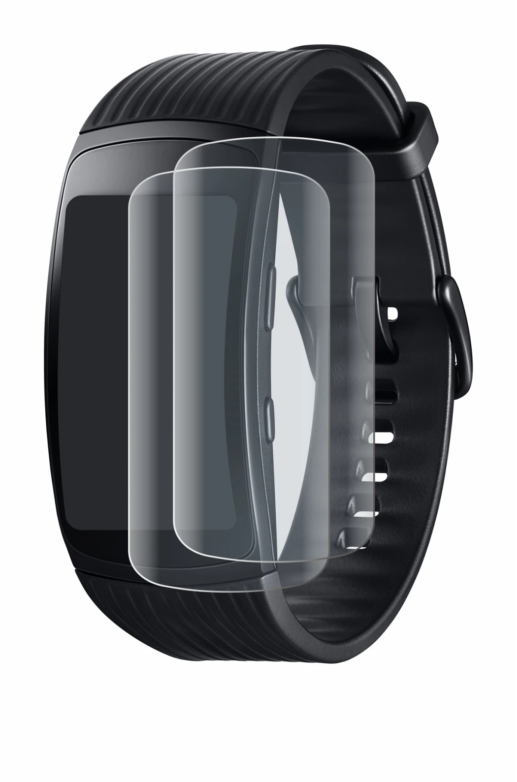 Image de l'appareil Samsung Gear Fit 2 Pro avec une grande variété de protections d'écran.