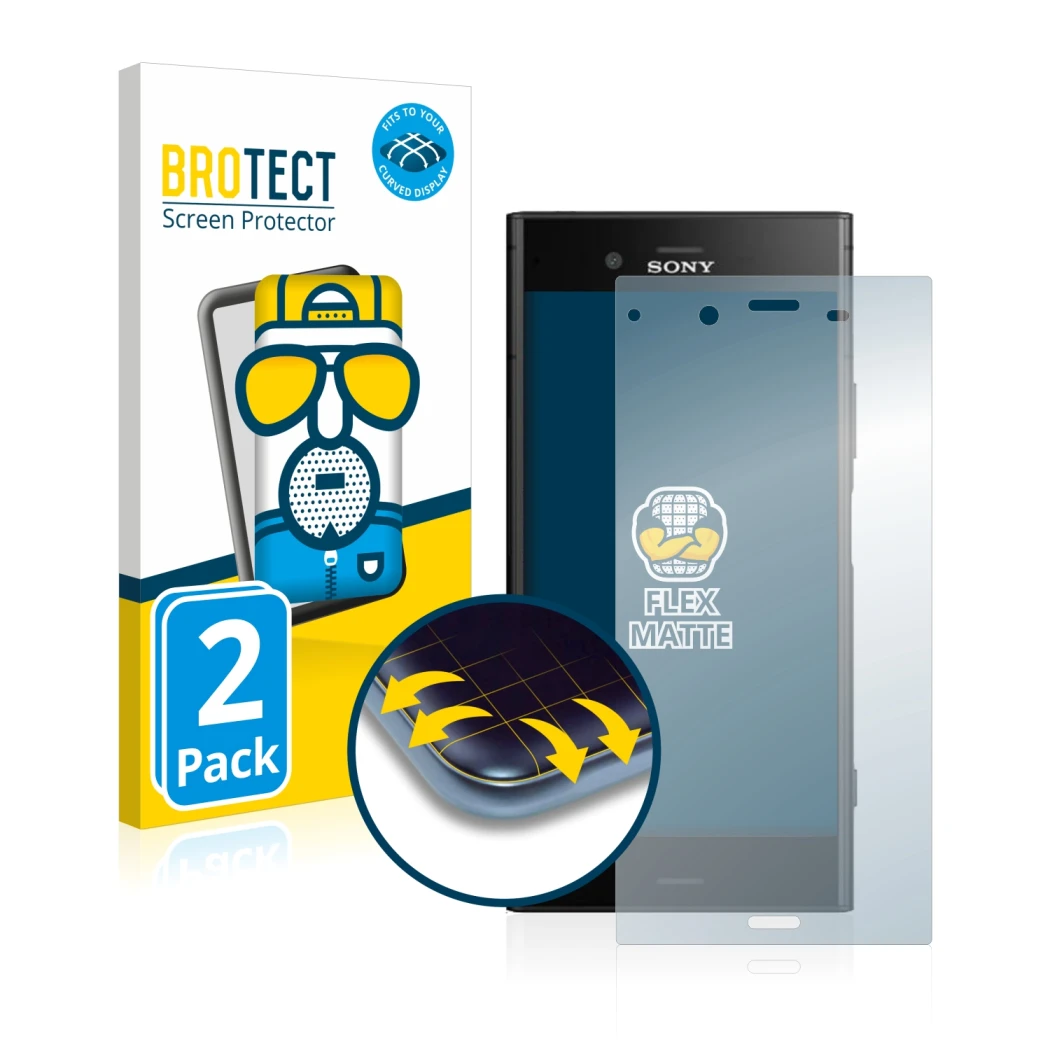 Face avant d’un emballage produit avec le logo de la marque BROTECT. À côté, l’appareil Sony Xperia XZ1 est représenté avec la