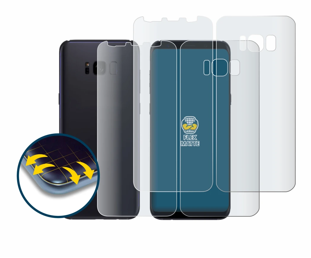 Image de l'appareil Samsung Galaxy S8 (Avant+Arrière) avec une grande variété de protections d'écran.