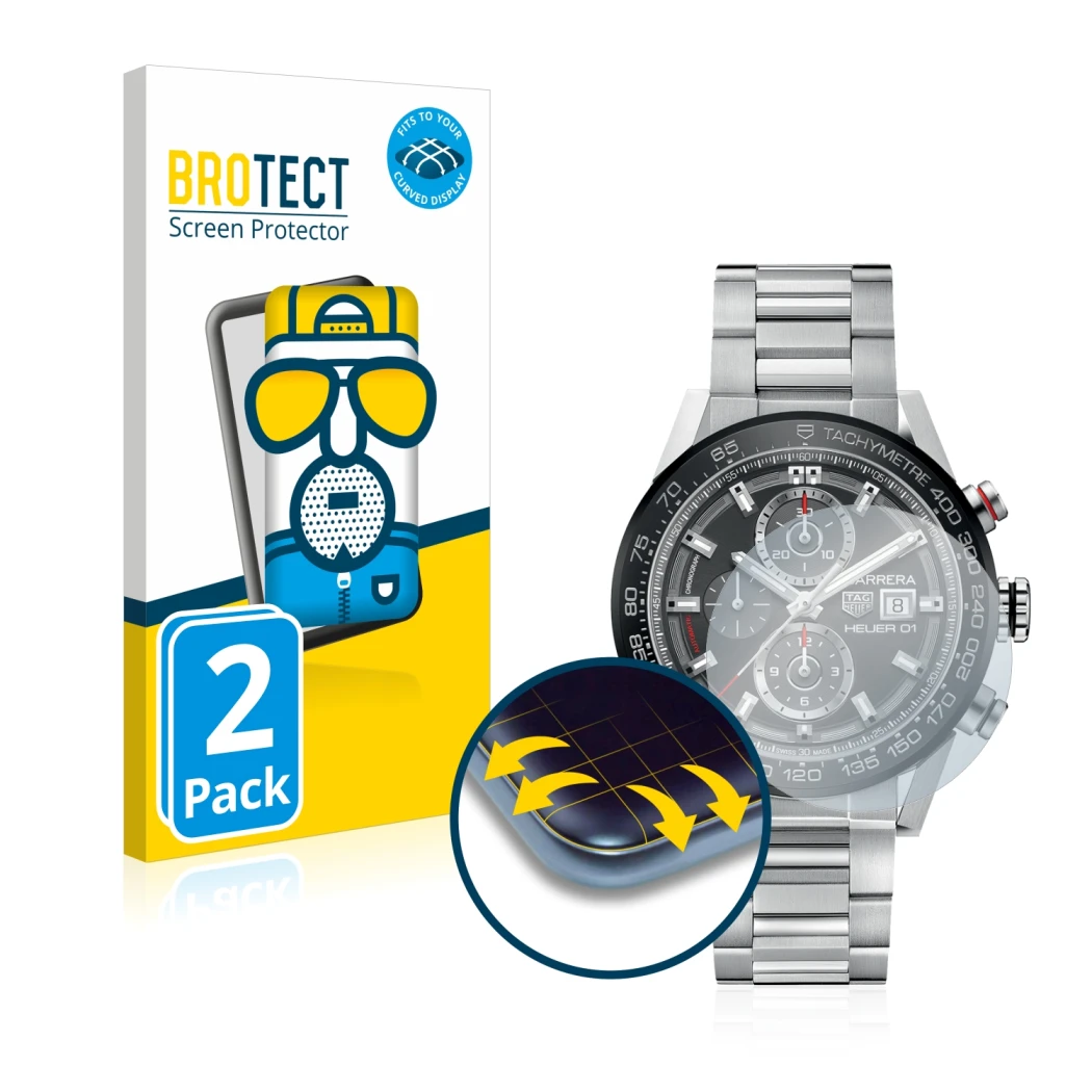 Face avant d’un emballage produit avec le logo de la marque BROTECT. À côté, l’appareil TAG Heuer Carrera (45 mm) est représen