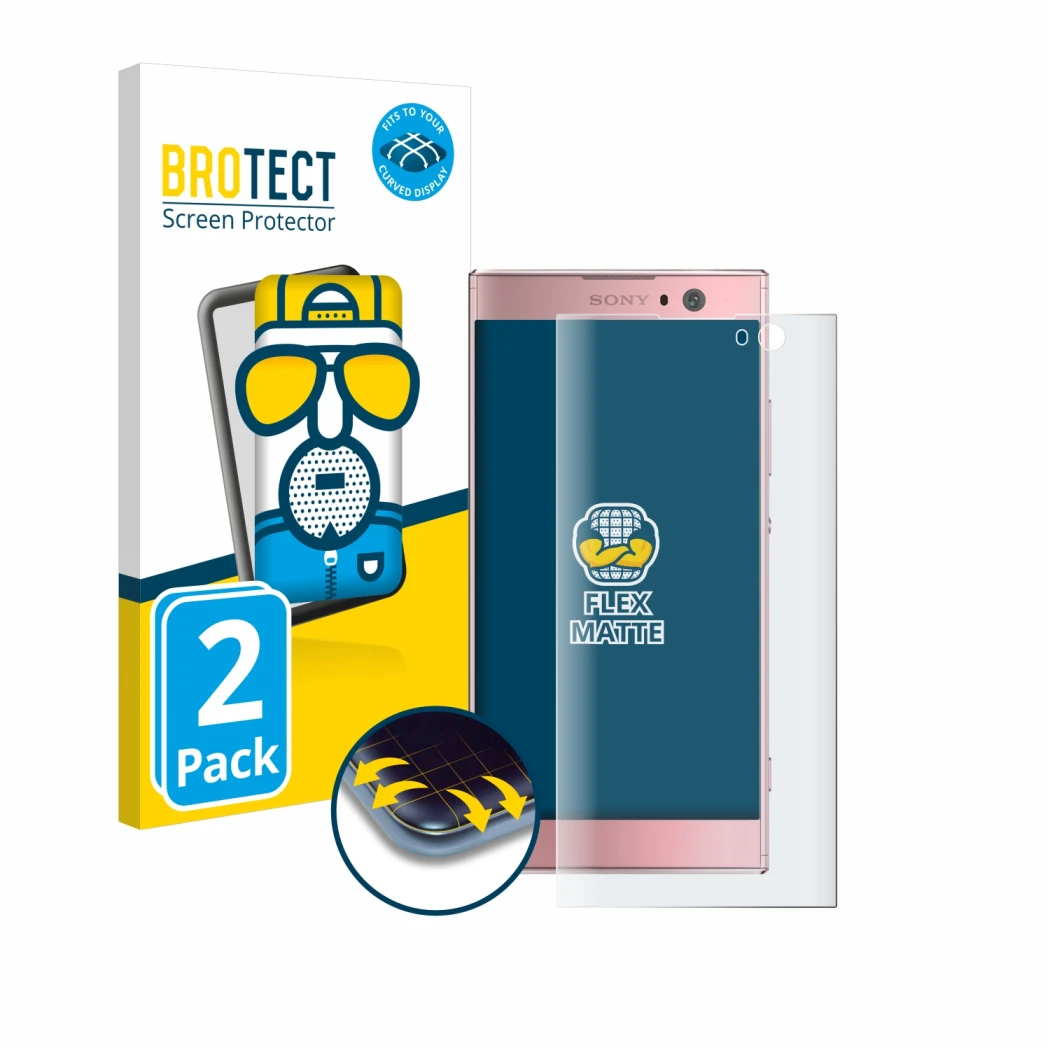 Face avant d’un emballage produit avec le logo de la marque BROTECT. À côté, l’appareil Sony Xperia XA2 est représenté avec la