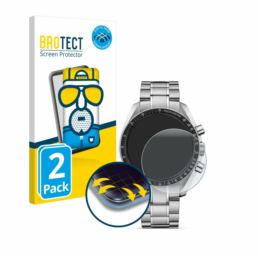 Face avant d’un emballage produit avec le logo de la marque BROTECT. À côté, l’appareil Omega Speedmaster Moonwatch Profession