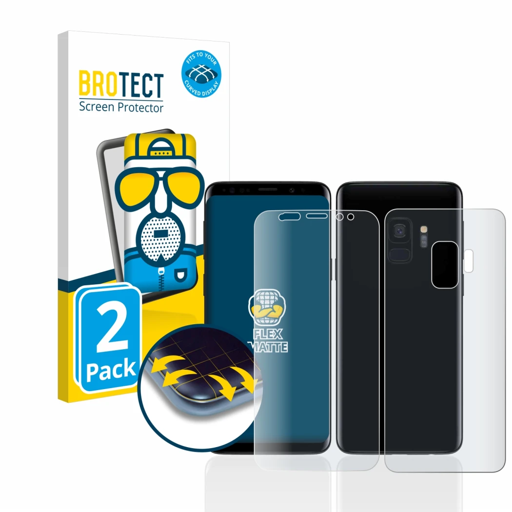 Face avant d’un emballage produit avec le logo de la marque BROTECT. À côté, l’appareil Samsung Galaxy S9 (Avant+Arrière) est 