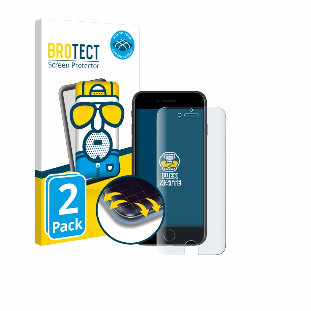 Face avant d’un emballage produit avec le logo de la marque BROTECT. À côté, l’appareil Apple iPhone SE 2 2020 est représenté 