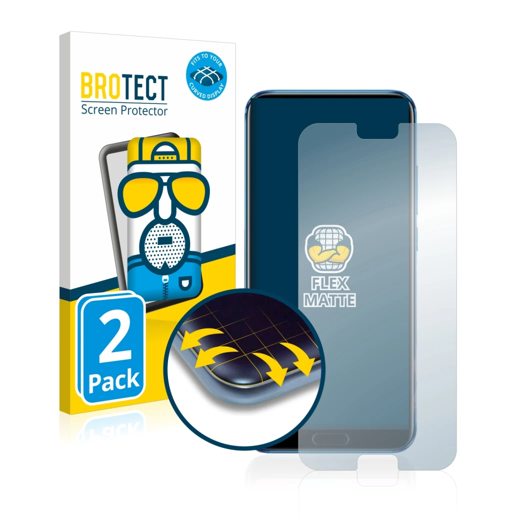 Face avant d’un emballage produit avec le logo de la marque BROTECT. À côté, l’appareil Honor 10 est représenté avec la protec