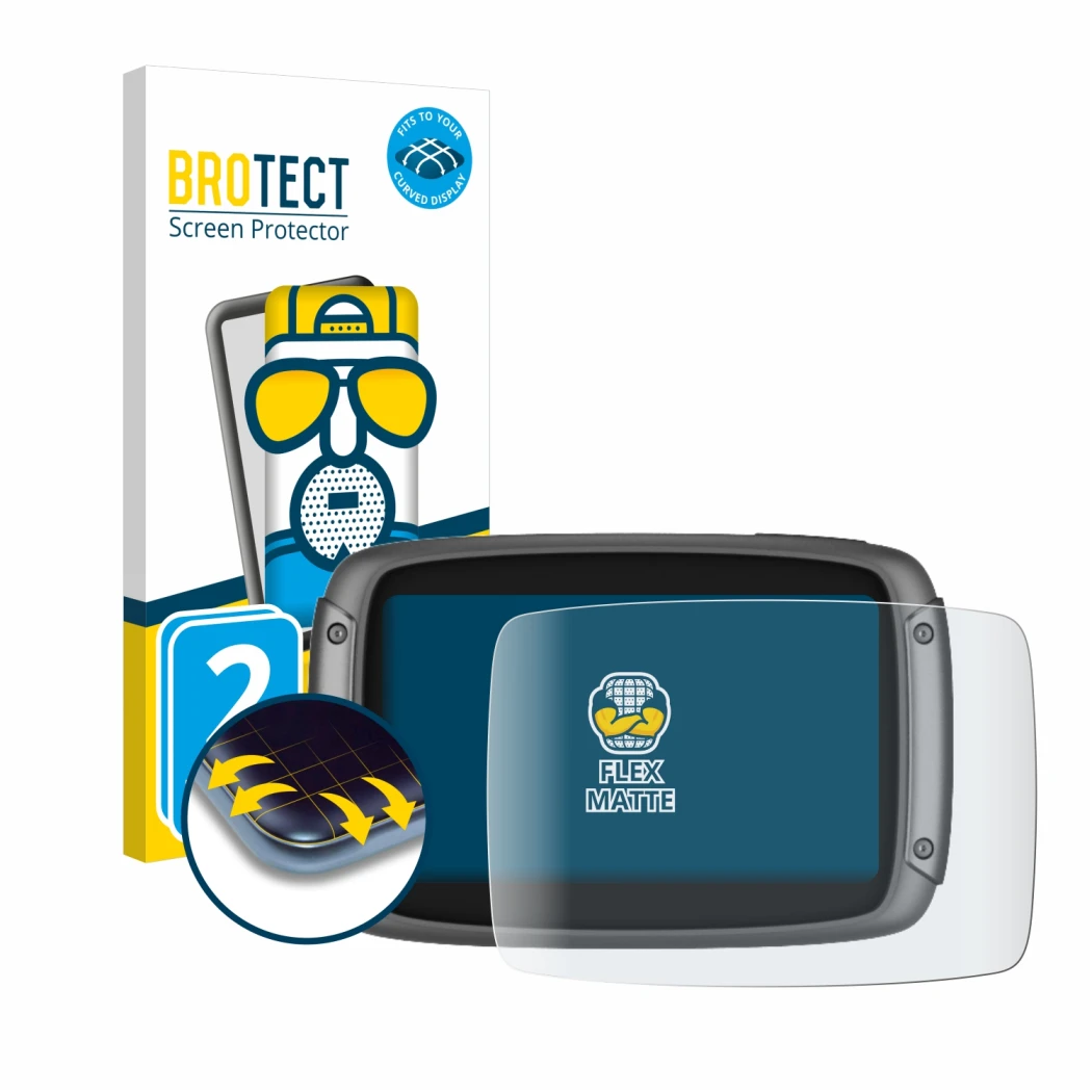 Face avant d’un emballage produit avec le logo de la marque BROTECT. À côté, l’appareil TomTom Rider 550 est représenté avec l