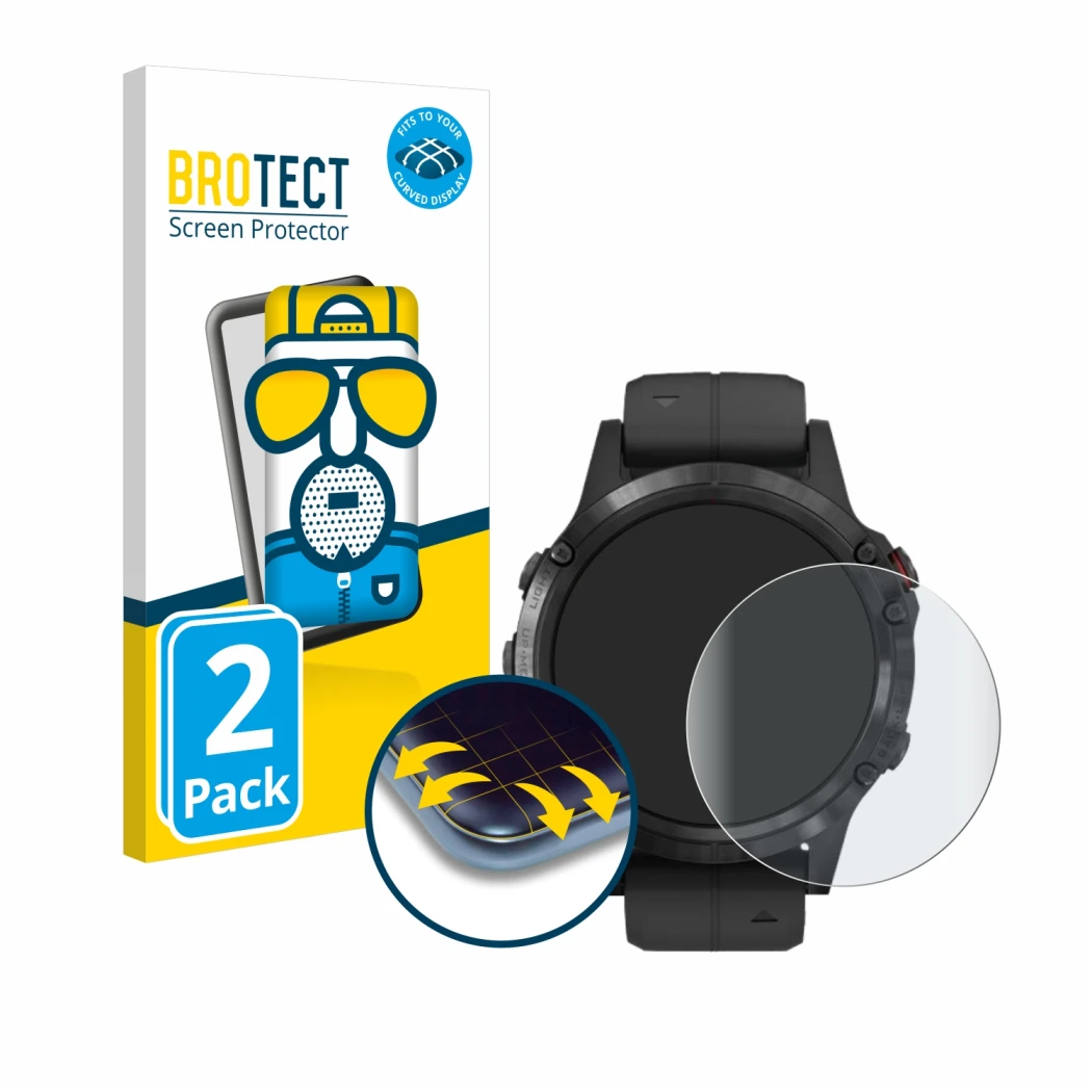 Face avant d’un emballage produit avec le logo de la marque BROTECT. À côté, l’appareil Garmin Fenix 5 Plus (47 mm) est représ