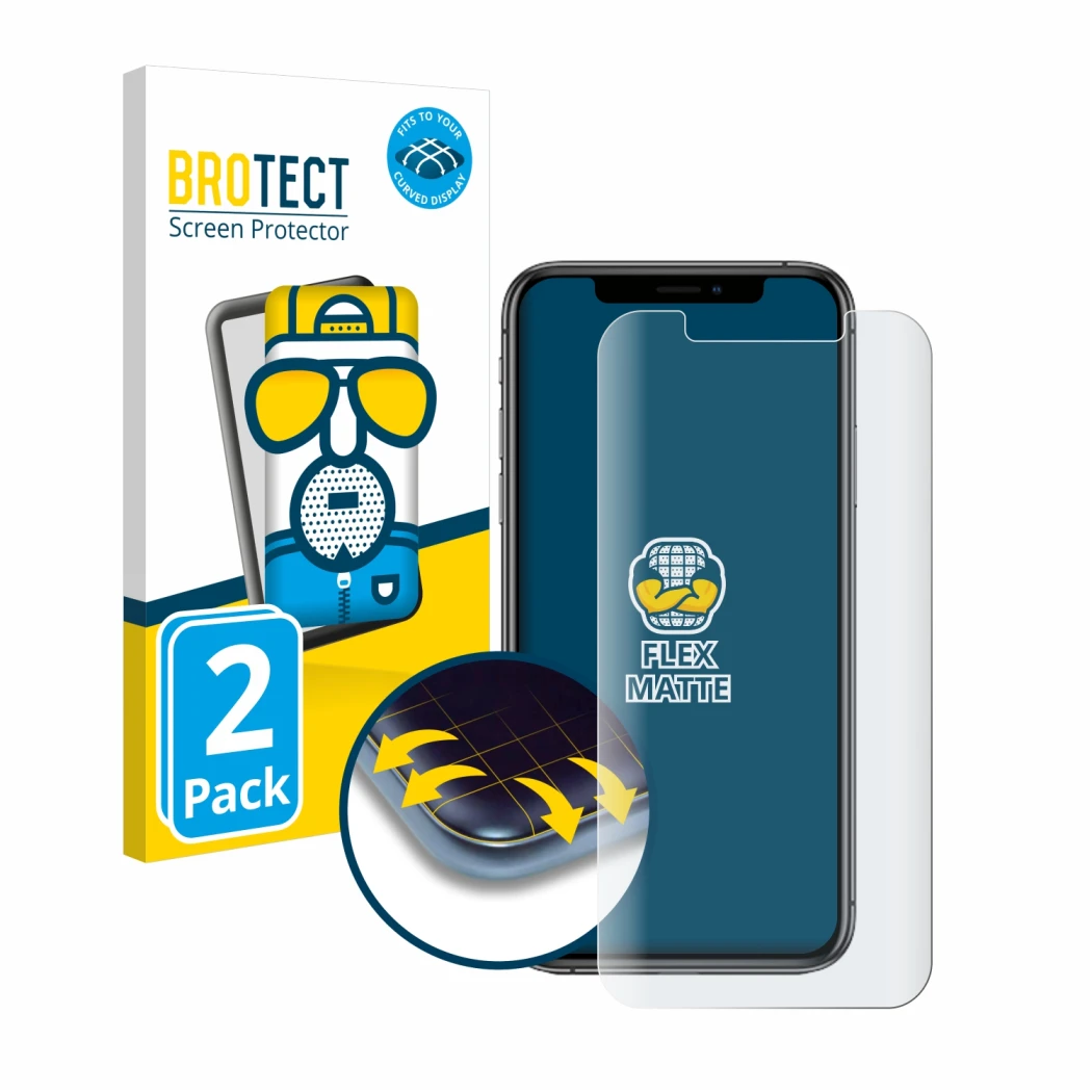 Face avant d’un emballage produit avec le logo de la marque BROTECT. À côté, l’appareil Apple iPhone Xs est représenté avec la