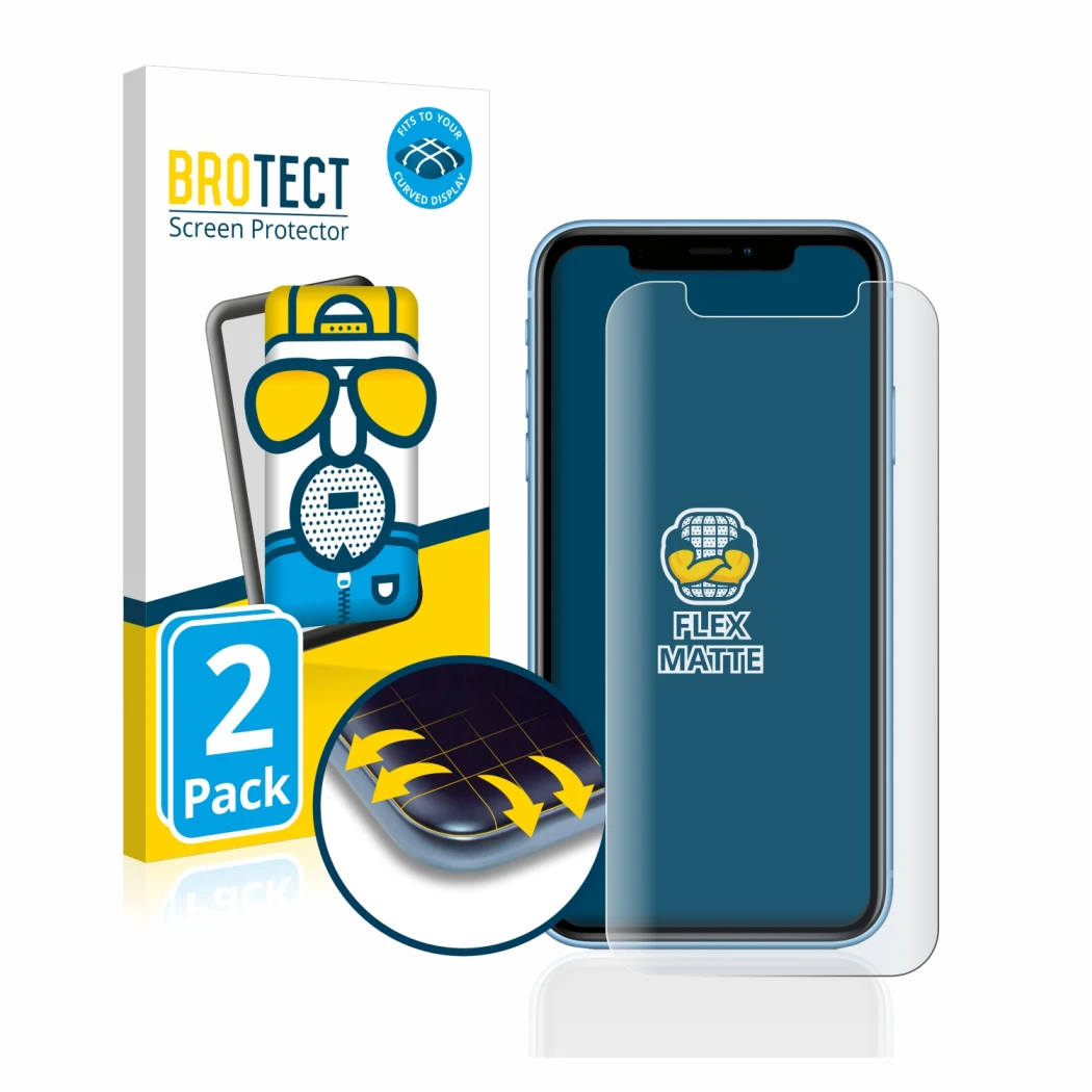 Face avant d’un emballage produit avec le logo de la marque BROTECT. À côté, l’appareil Apple iPhone XR est représenté avec la