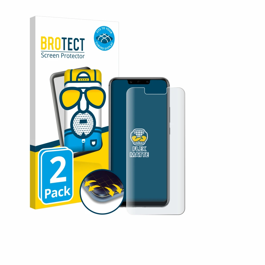 Face avant d’un emballage produit avec le logo de la marque BROTECT. À côté, l’appareil Huawei Mate 20 lite est représenté ave