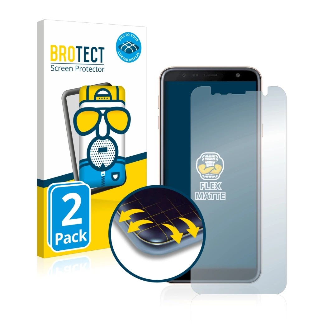 Face avant d’un emballage produit avec le logo de la marque BROTECT. À côté, l’appareil Samsung Galaxy J4 Plus est représenté