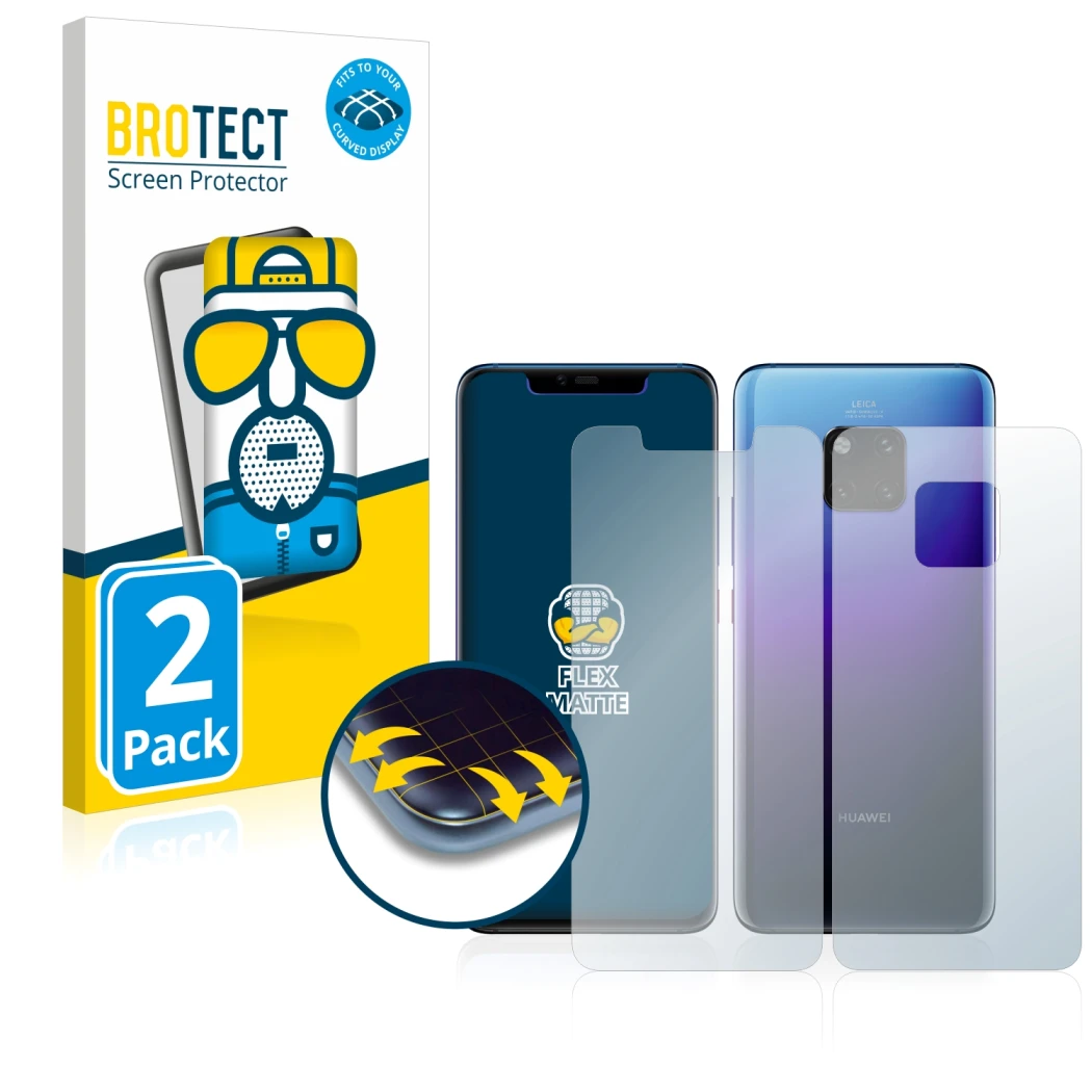 Face avant d’un emballage produit avec le logo de la marque BROTECT. À côté, l’appareil Huawei Mate 20 Pro (Avant+Arrière) est