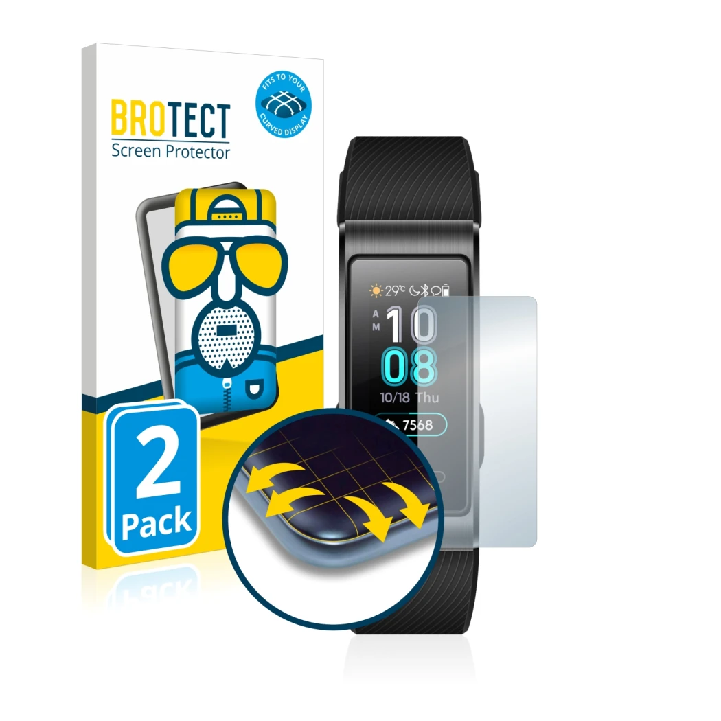 Face avant d’un emballage produit avec le logo de la marque BROTECT. À côté, l’appareil Huawei Band 3 Pro est représenté avec