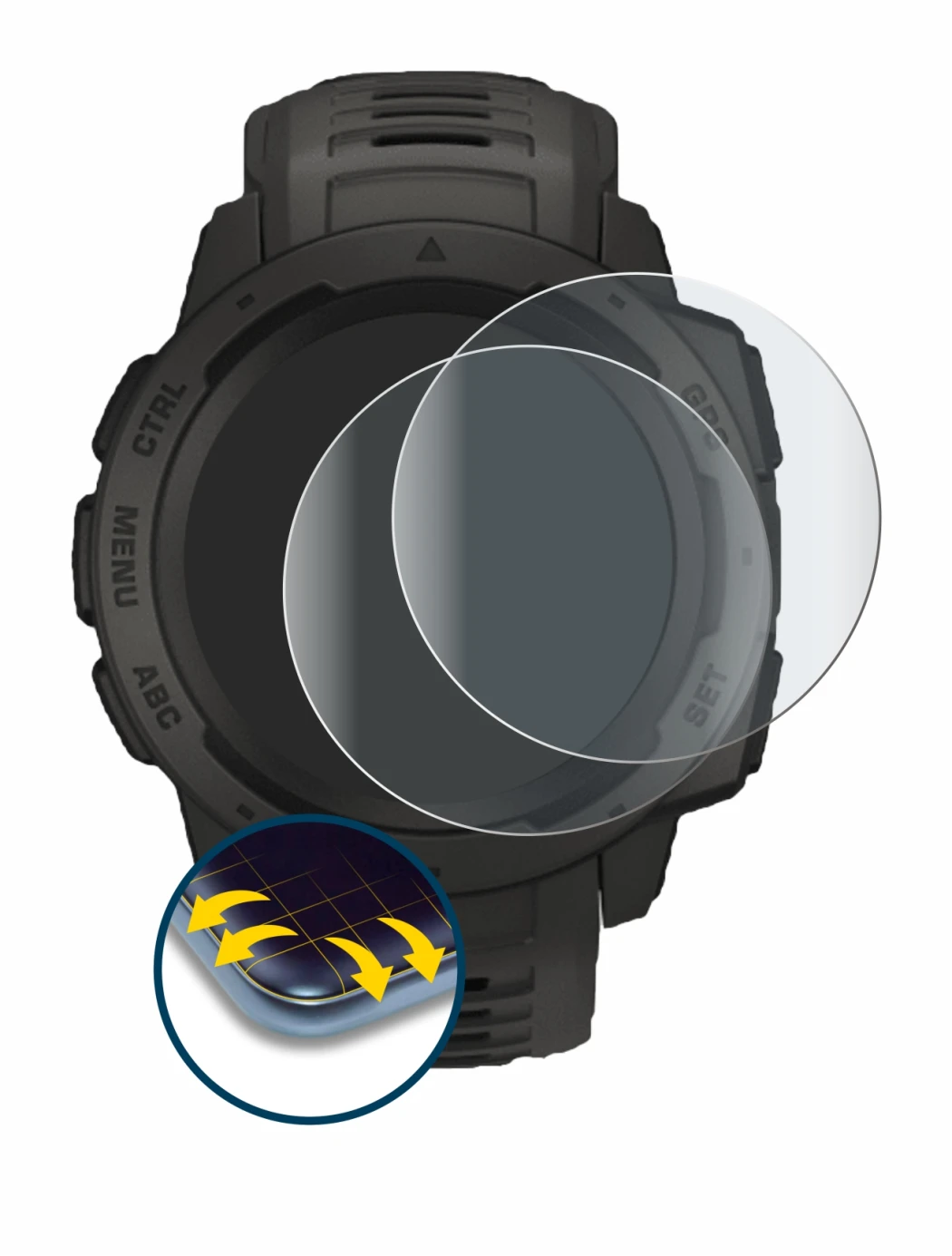 Image de l'appareil Garmin Instinct avec une grande variété de protections d'écran.
