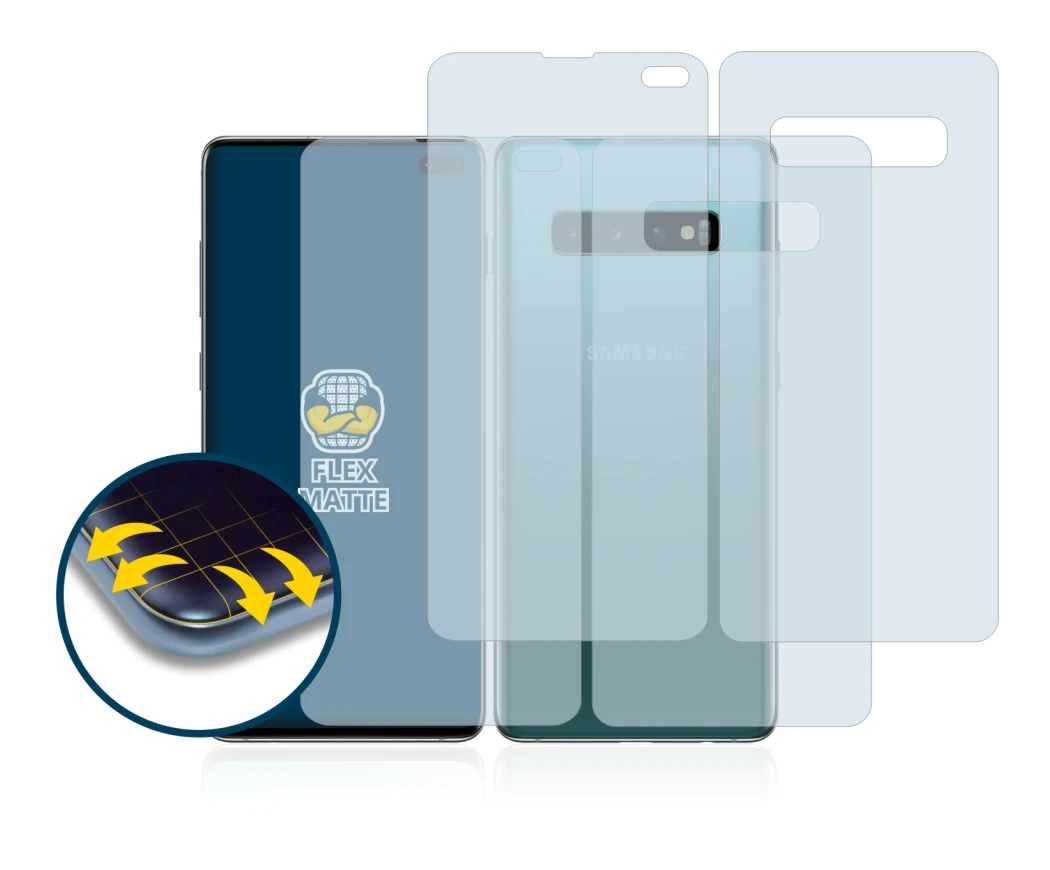 Image de l'appareil Samsung Galaxy S10 Plus (Avant+Arrière) avec une grande variété de protections d'écran.