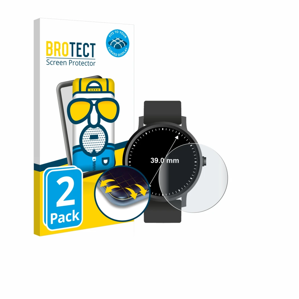 Face avant d’un emballage produit avec le logo de la marque BROTECT. À côté, l’appareil Circulaire Displays (ø: 39 mm) est rep