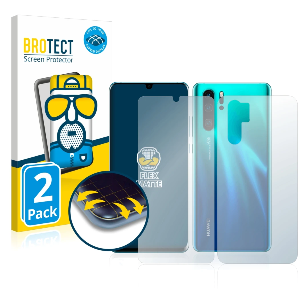 Face avant d’un emballage produit avec le logo de la marque BROTECT. À côté, l’appareil Huawei P30 Pro (Avant+Arrière) est rep