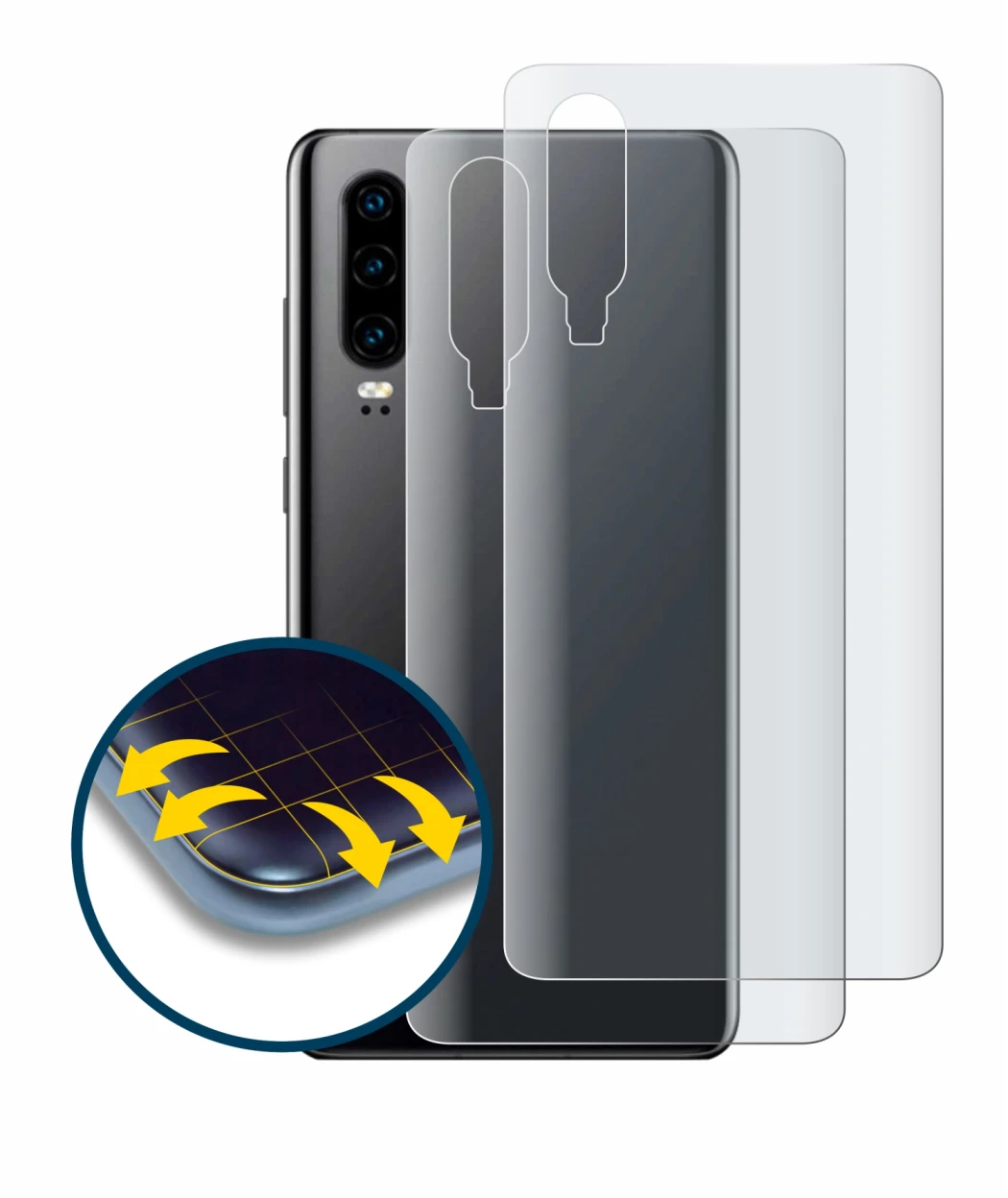 Image de l'appareil Huawei P30 (Arrière) avec une grande variété de protections d'écran.