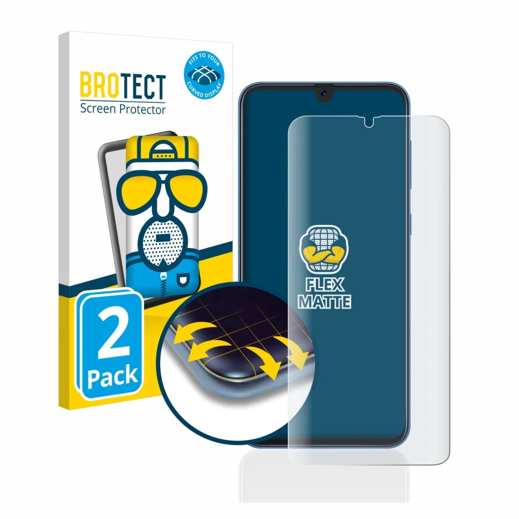 Face avant d’un emballage produit avec le logo de la marque BROTECT. À côté, l’appareil Samsung Galaxy A50 est représenté avec