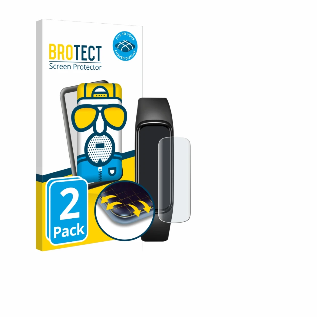 Face avant d’un emballage produit avec le logo de la marque BROTECT. À côté, l’appareil Samsung Galaxy Fit e est représenté av