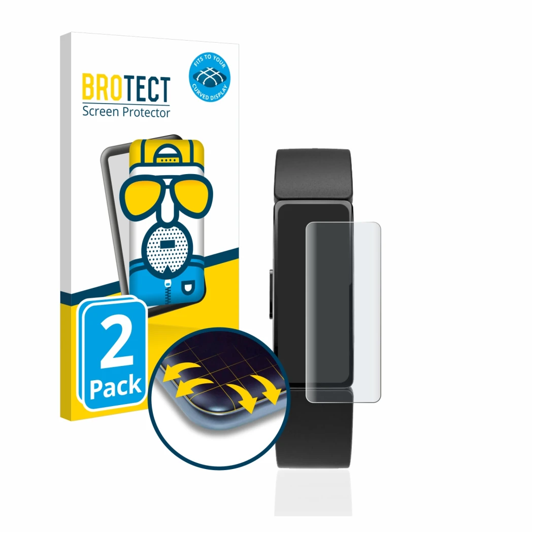 Face avant d’un emballage produit avec le logo de la marque BROTECT. À côté, l’appareil Fitbit Inspire est représenté avec la