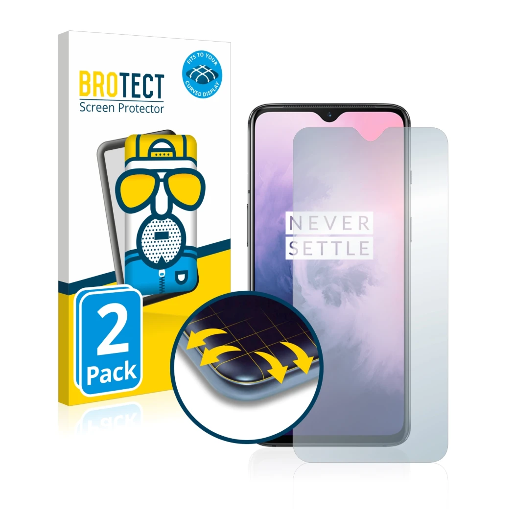 Face avant d’un emballage produit avec le logo de la marque BROTECT. À côté, l’appareil OnePlus 7 est représenté avec la prote