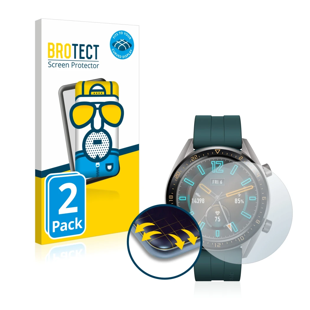 Face avant d’un emballage produit avec le logo de la marque BROTECT. À côté, l’appareil Huawei Watch GT Active est représenté