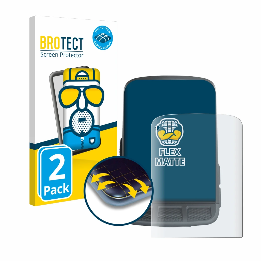 Face avant d’un emballage produit avec le logo de la marque BROTECT. À côté, l’appareil Wahoo Elemnt Roam est représenté avec