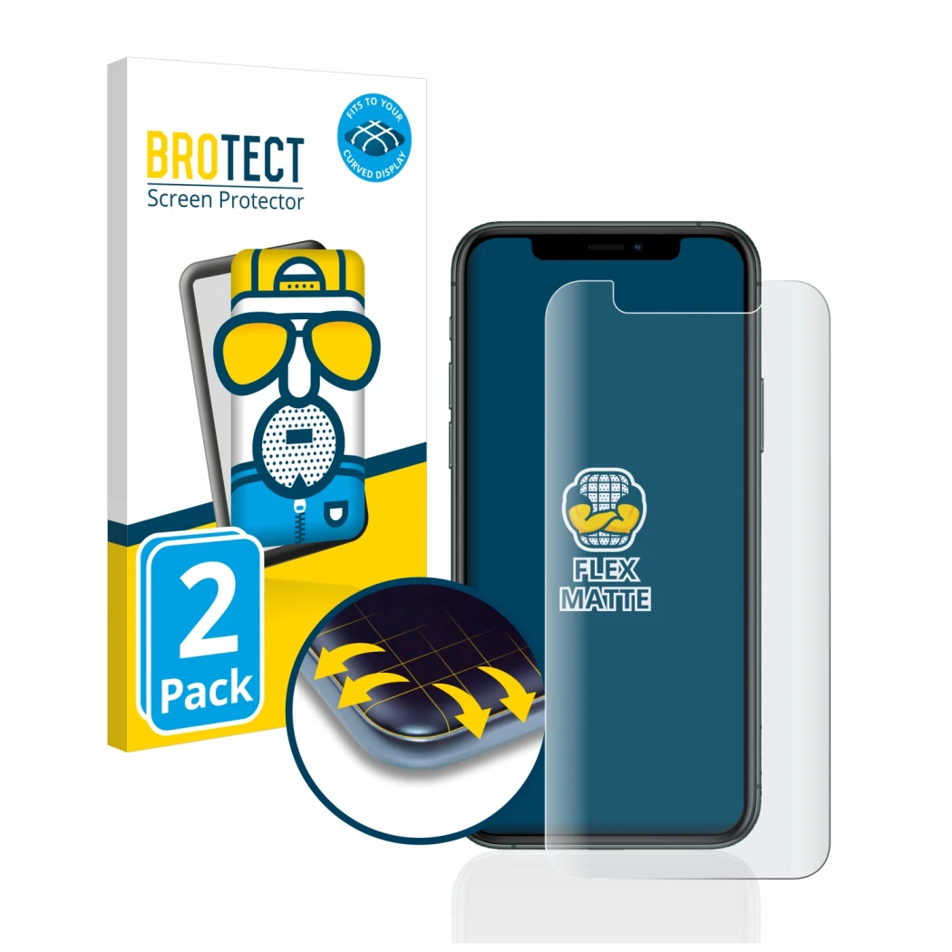 Face avant d’un emballage produit avec le logo de la marque BROTECT. À côté, l’appareil Apple iPhone 11 Pro est représenté ave