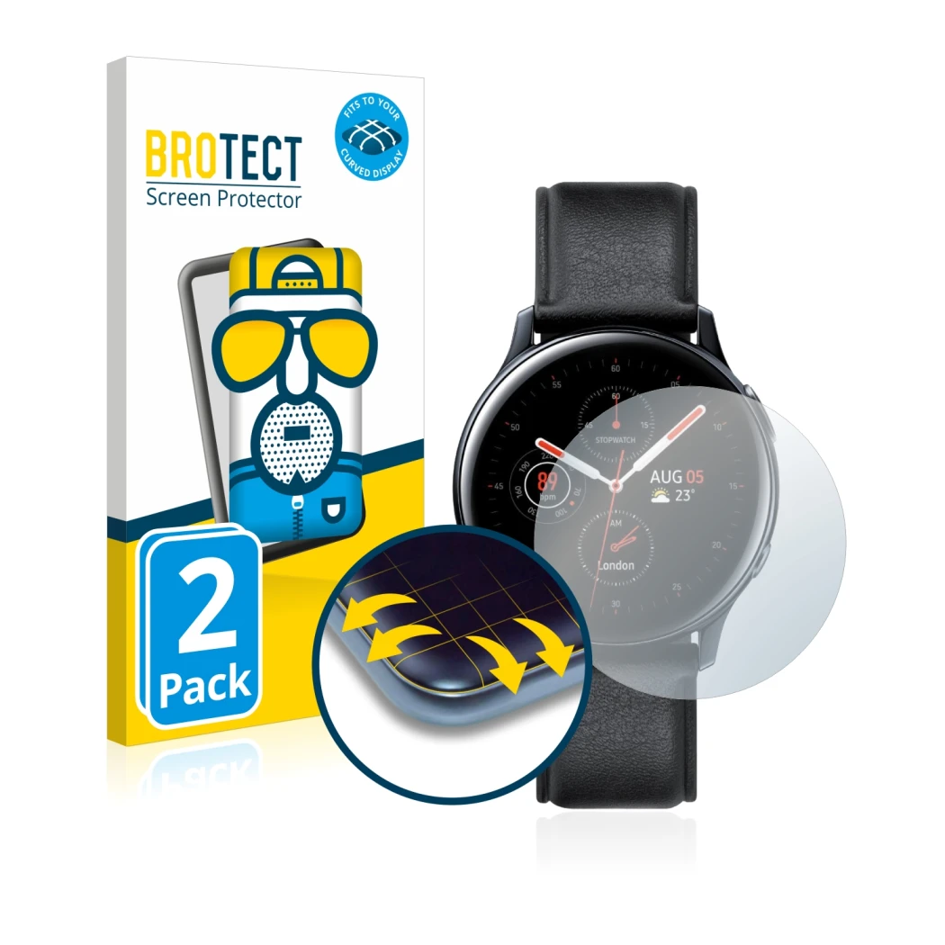 Face avant d’un emballage produit avec le logo de la marque BROTECT. À côté, l’appareil Samsung Galaxy Watch Active 2 (40mm) e