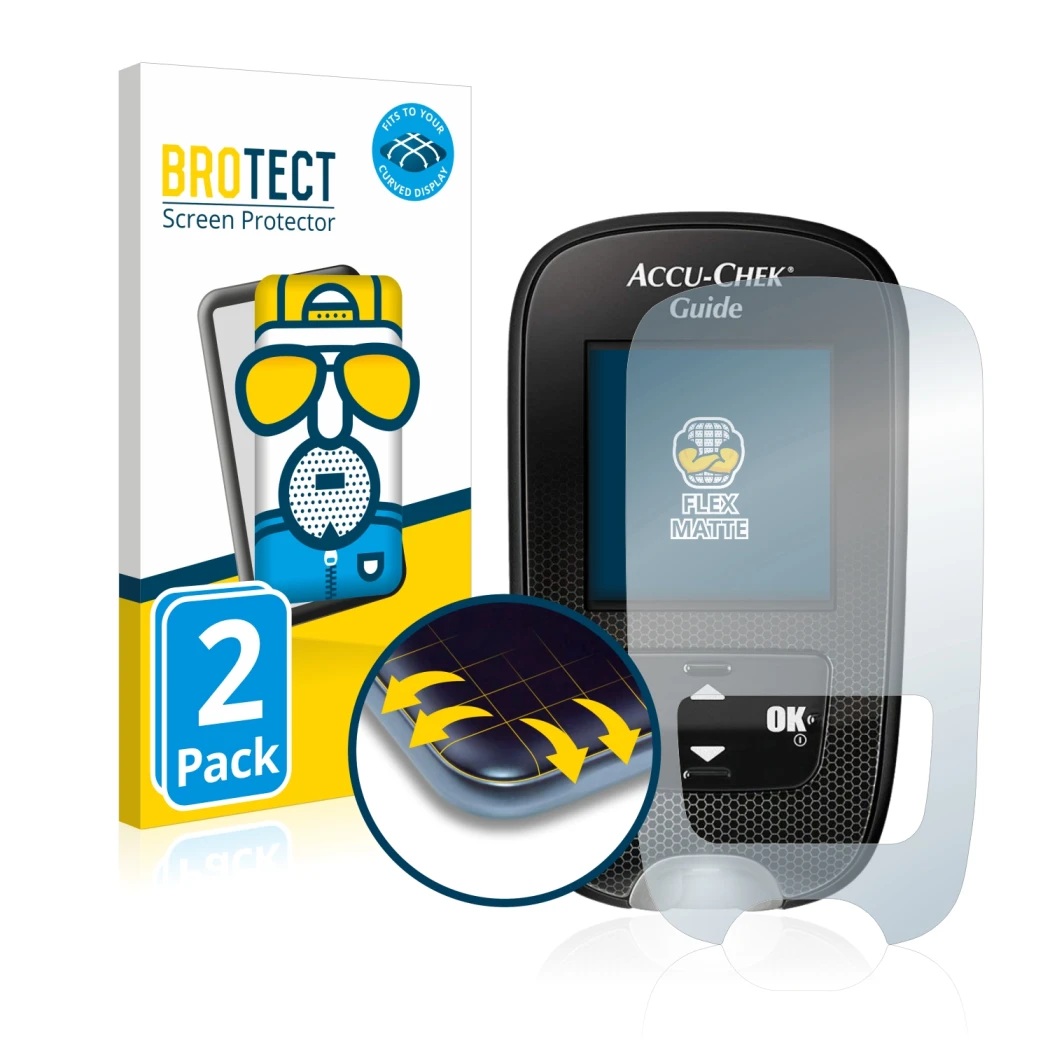 Face avant d’un emballage produit avec le logo de la marque BROTECT. À côté, l’appareil Accu-Chek Guide est représenté avec la