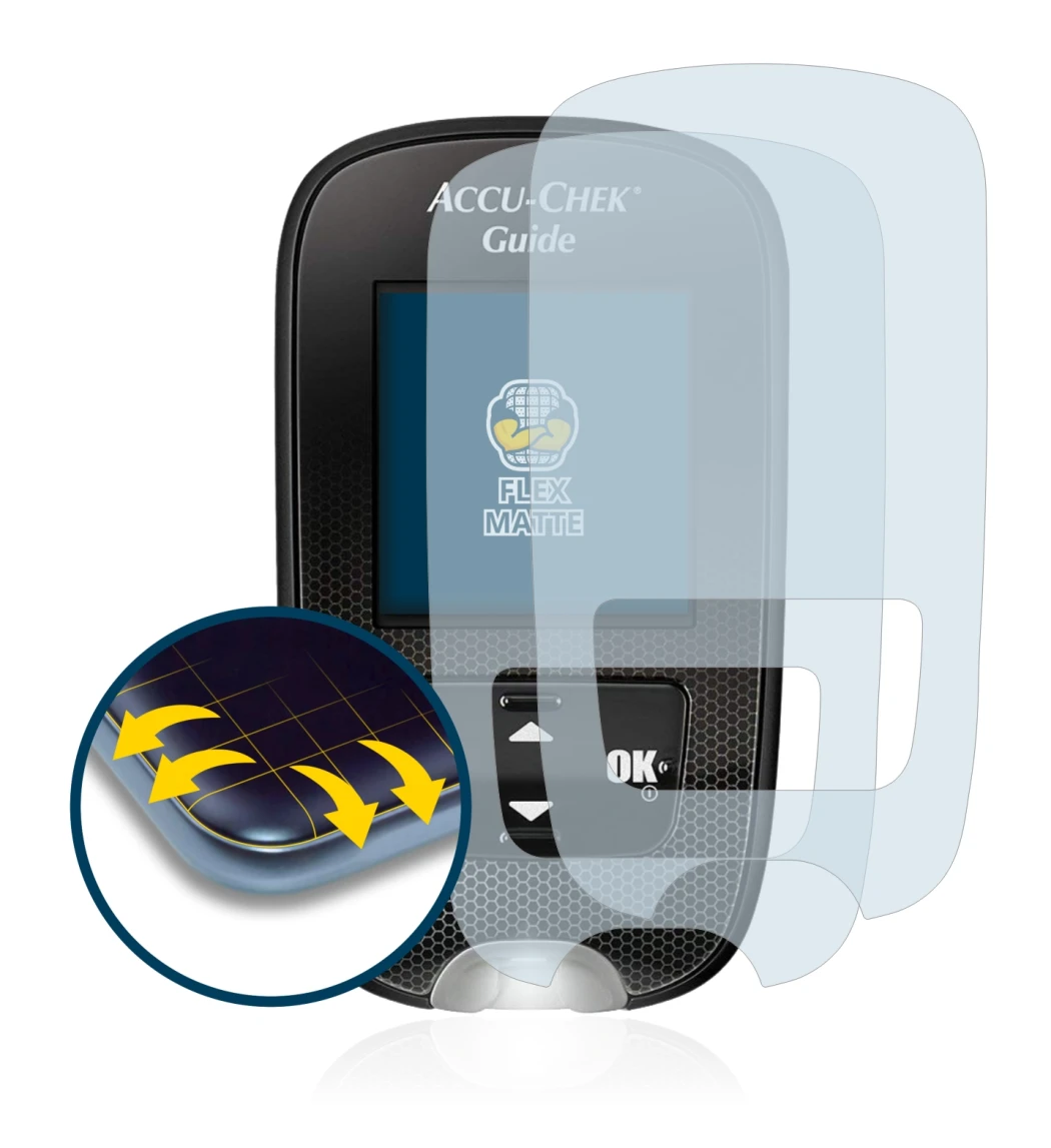 Image de l'appareil Accu-Chek Guide avec une grande variété de protections d'écran.