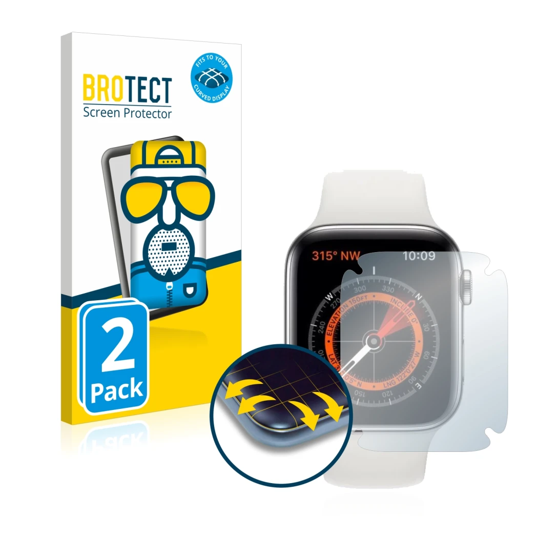 Face avant d’un emballage produit avec le logo de la marque BROTECT. À côté, l’appareil Apple Watch Series 5 (44 mm) est repré