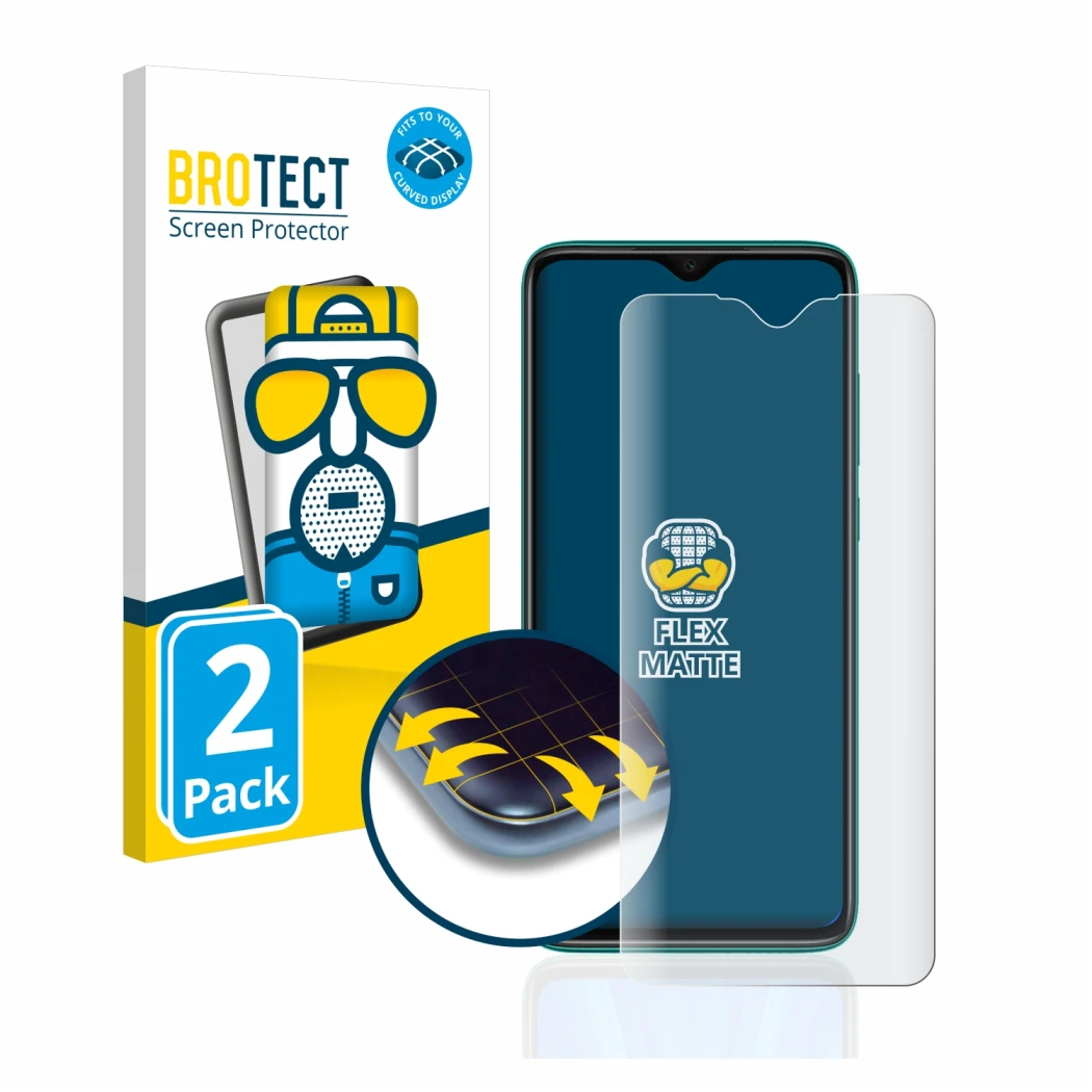 Face avant d’un emballage produit avec le logo de la marque BROTECT. À côté, l’appareil Xiaomi Redmi Note 8 Pro est représenté